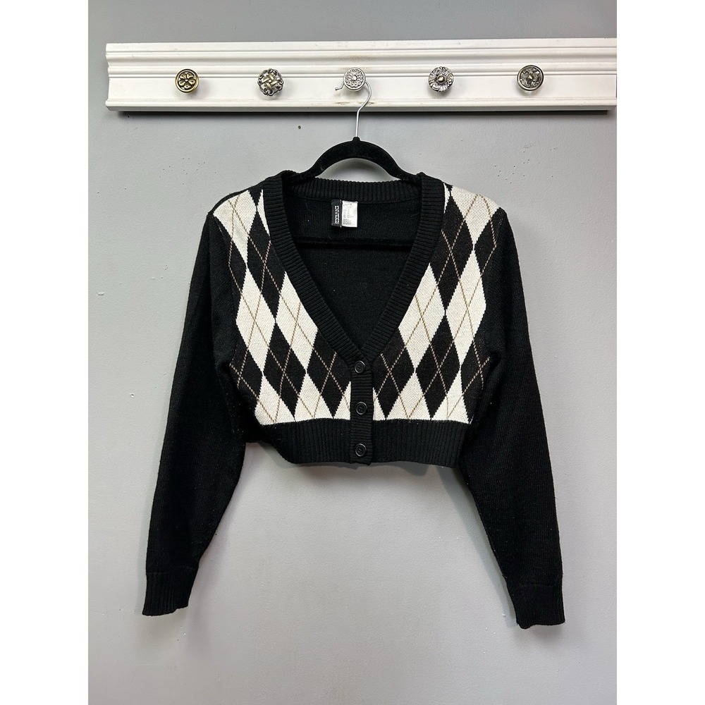 H&M Divided Cardigan Women‎ XS Black Argyle Cropped V-Neck Knit Button Front